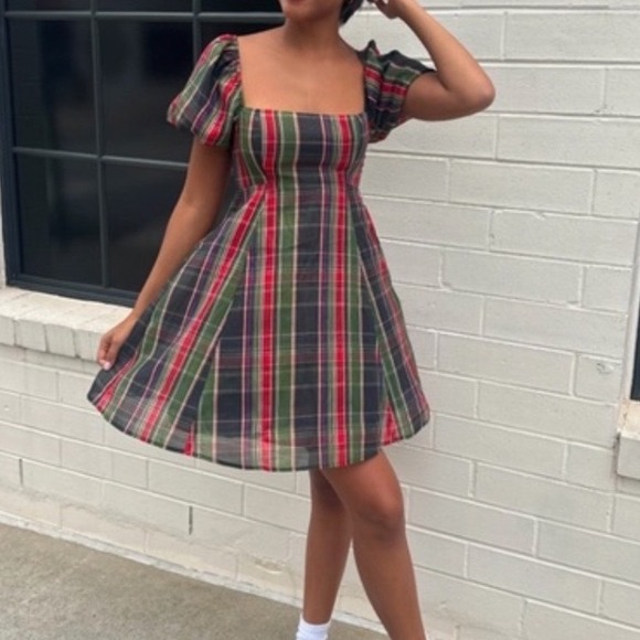 Hill House Dresses & Skirts - Hill House Matilda Mini Dress Tartan Plaid Metallic Puff Sleeve preppy small